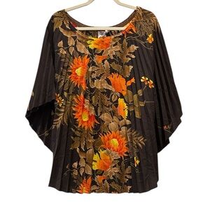 1970s Resort Line Hawaii Floral Barkcloth Accordion Pleated Kaftan O/S Top